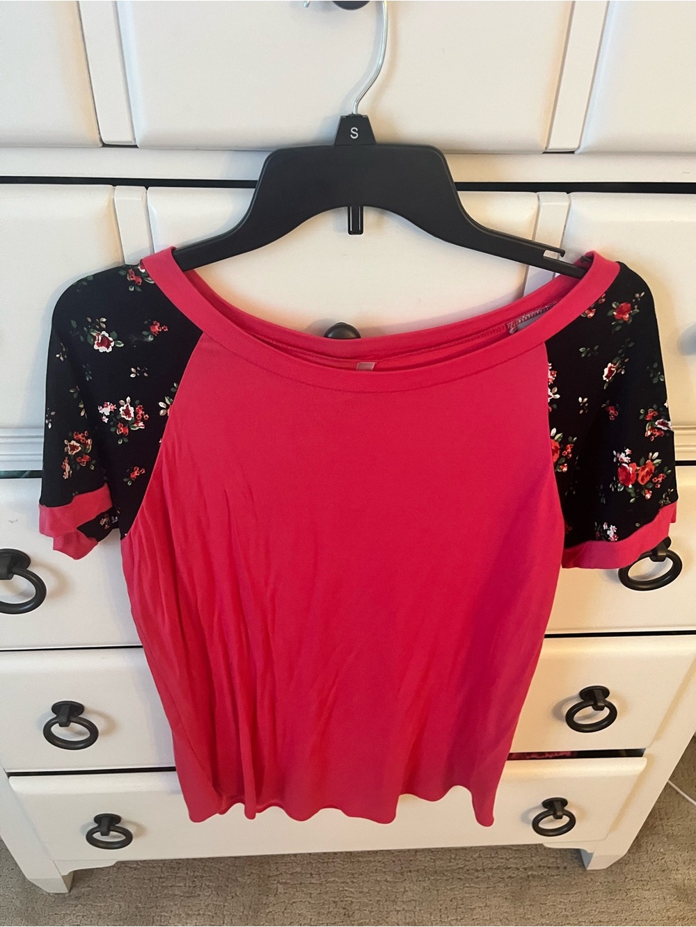 Hot Pink Raglan Tee with Black Floral Sleeves